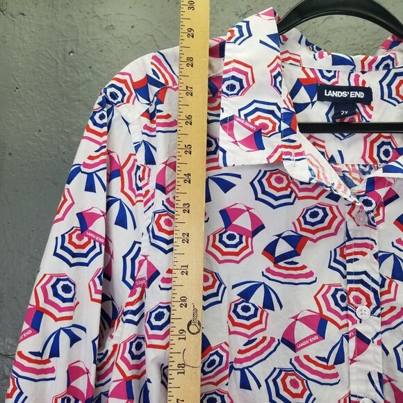 Lands End Button Up Shirt Women 2X 20-22 Cotton Roll Tab Sleeve Umbrella Print - Picture 12 of 15